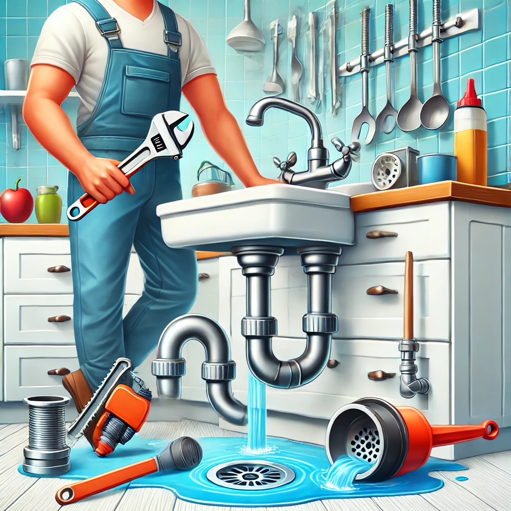 Illustration of a plumber fixing a clogged sink drain in a residential kitchen with tools and water overflow.