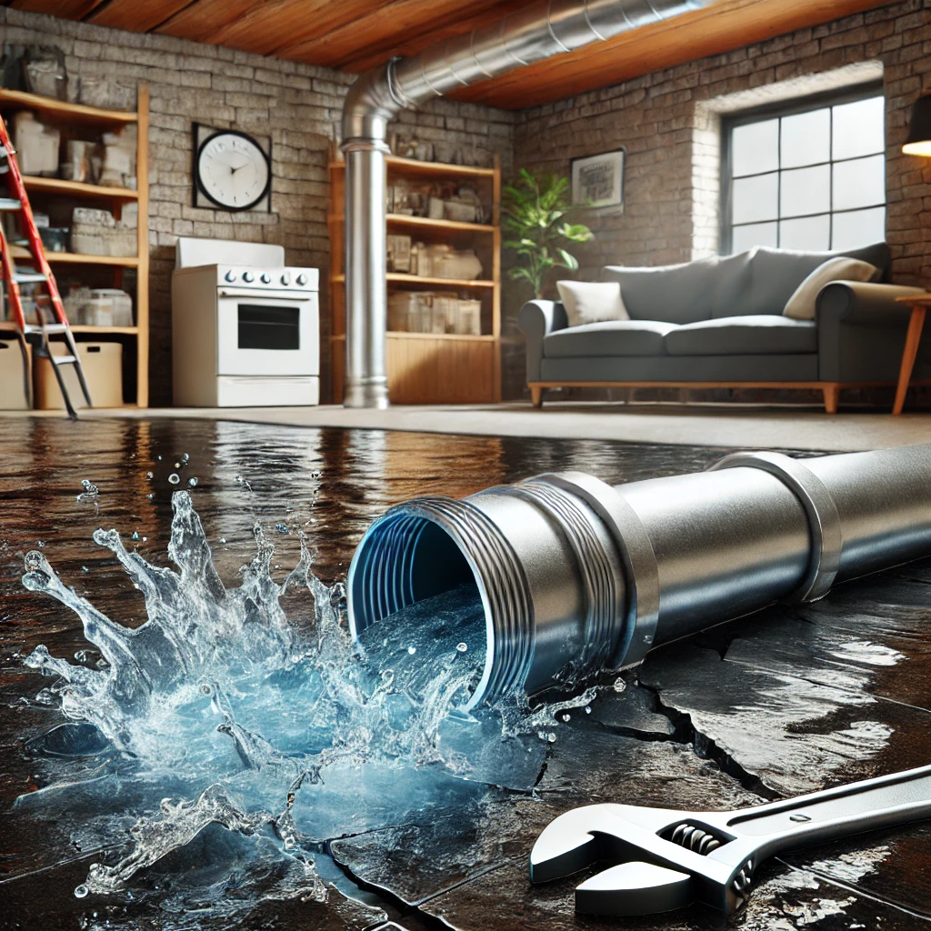 3D rendering of a burst pipe in a home basement, showing flooding water, broken pipe edges, and tools.