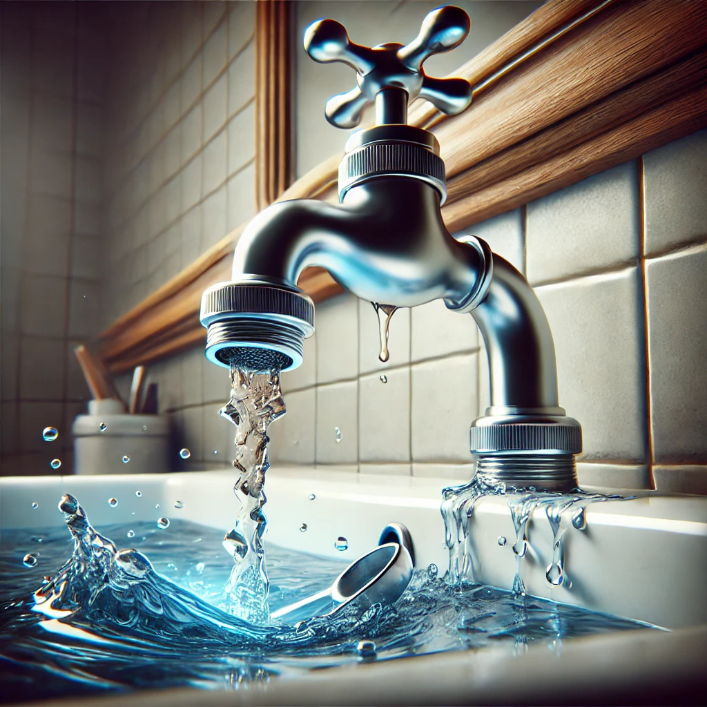 Digital illustration of a leaking faucet in a bathroom, with water droplets falling into a sink.