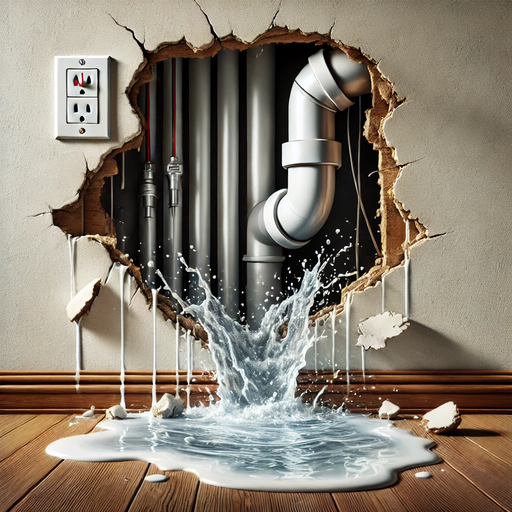 Illustration of a hidden water leak behind a wall, showing water damage on drywall and dripping pipes.