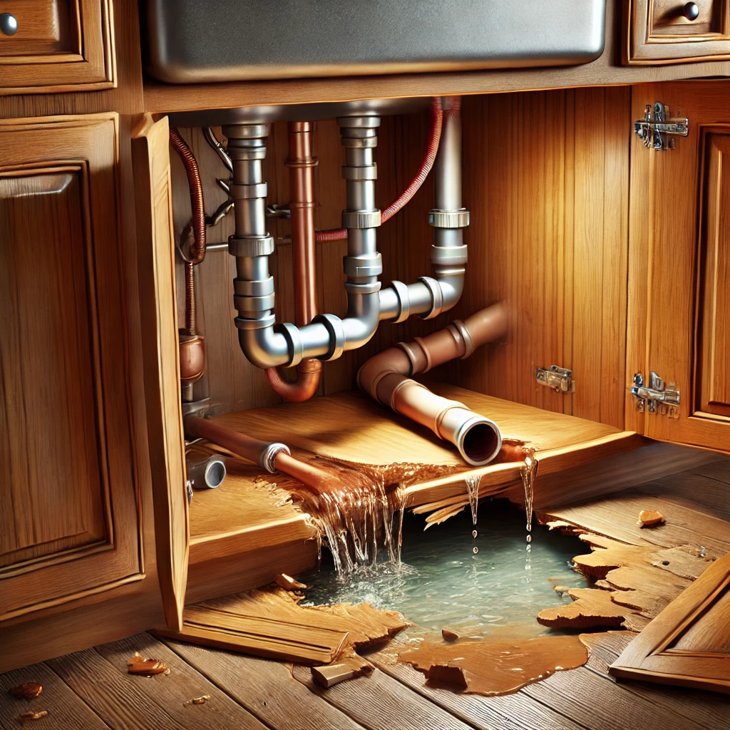 Digital illustration of a hidden plumbing leak under a kitchen sink, with water pooling inside the cabinet.