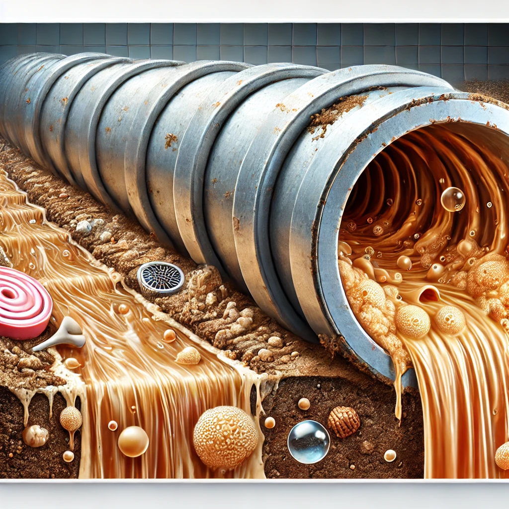 Illustration of a severe grease clog inside a kitchen drainpipe, showing buildup and restricted water flow in a cutaway view.