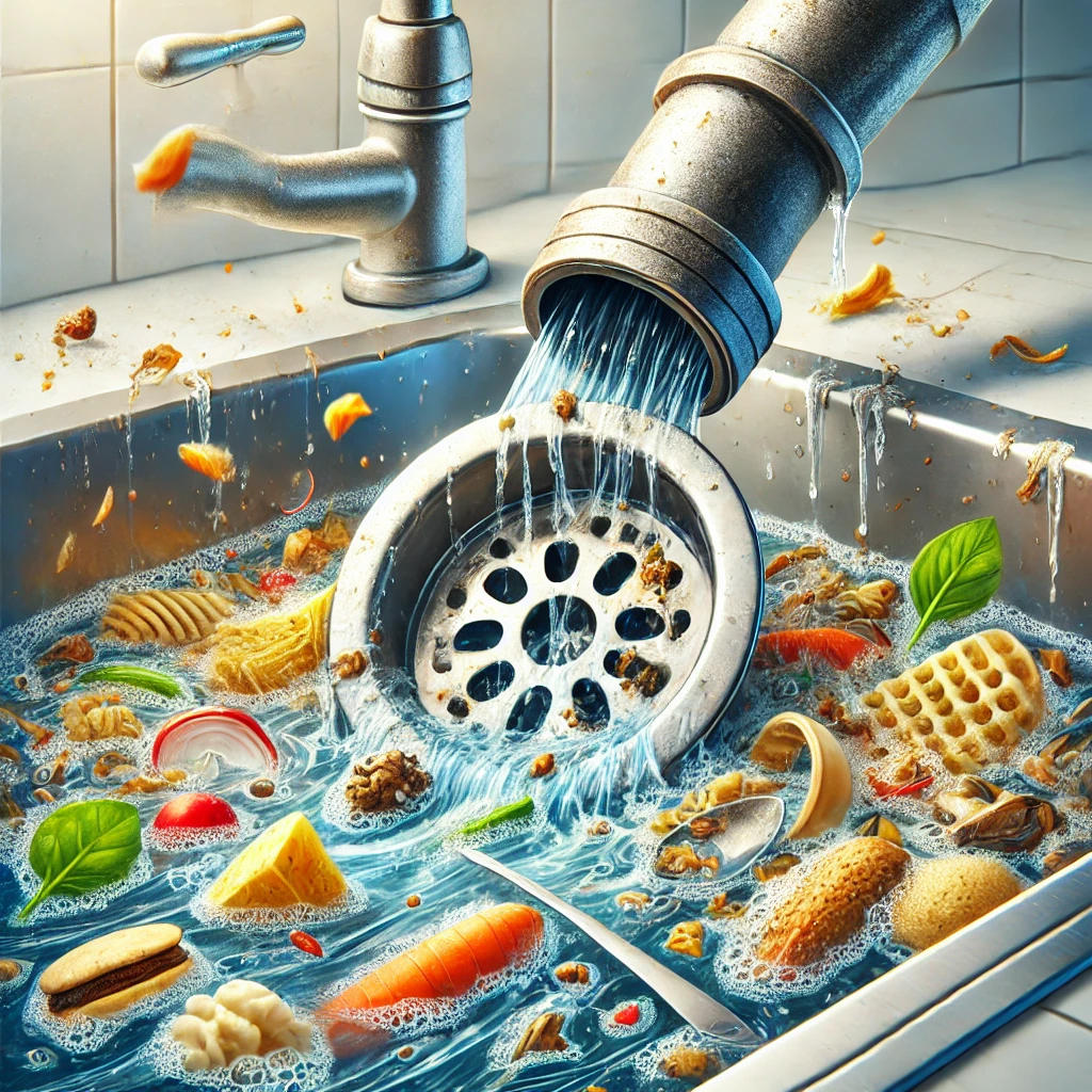 Digital illustration of food debris clogging a kitchen sink drain, with a partially clogged strainer and visible water buildup.