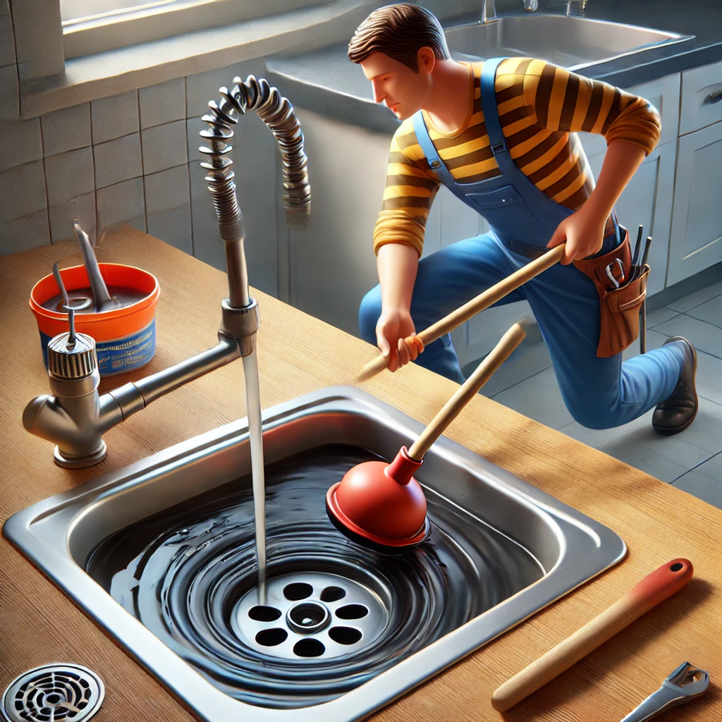 Illustration of a plumber removing a clog from a kitchen sink drain using a plunger and tools to prevent overflow.