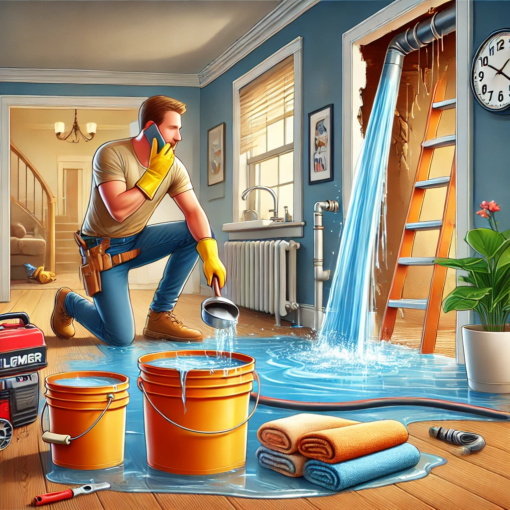 Illustration of a homeowner using towels and buckets to contain water during a plumbing emergency with a leaking pipe.