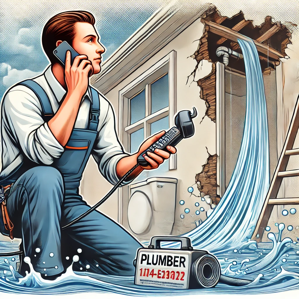 Illustration of a homeowner calling a plumber during a plumbing emergency, with visible water damage in the background.