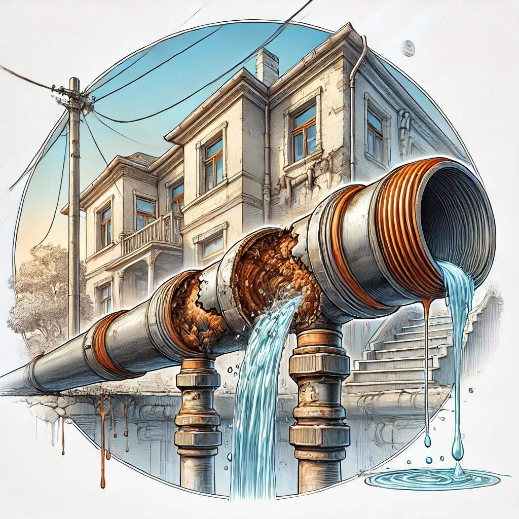 Illustration showing a close-up of old, corroded pipes with rust buildup and water leaks in a residential setting.