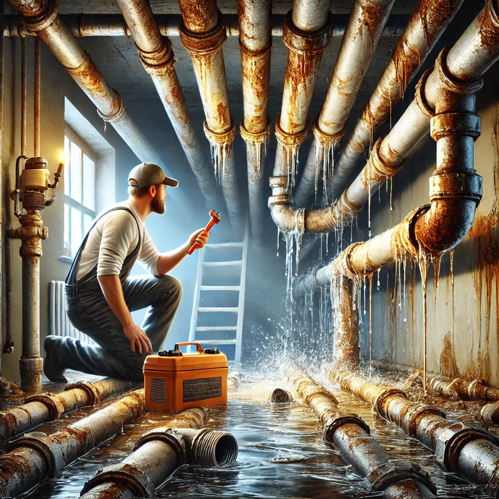 Illustration of a plumber inspecting corroded pipes in a home basement with visible rust and leaking water.