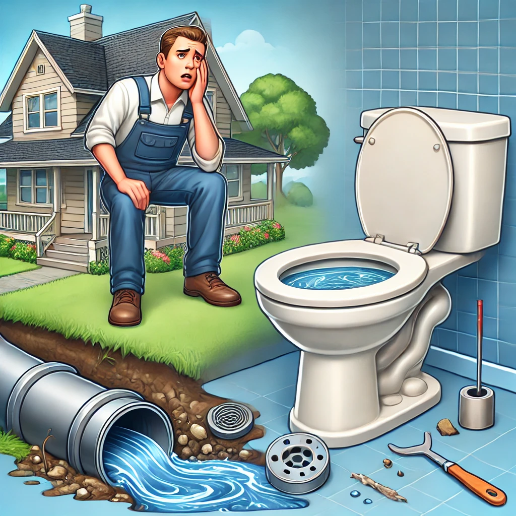 Illustration of early sewer line problems with water backing up in a residential toilet and visible debris.