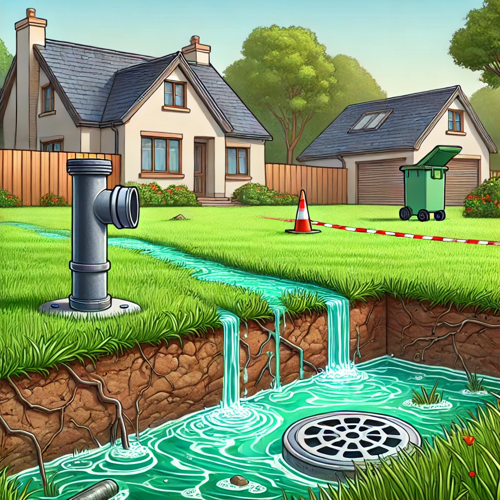 Illustration of early sewer line problems showing standing water and foul-smelling puddles in a residential yard near a sewer cleanout cap.