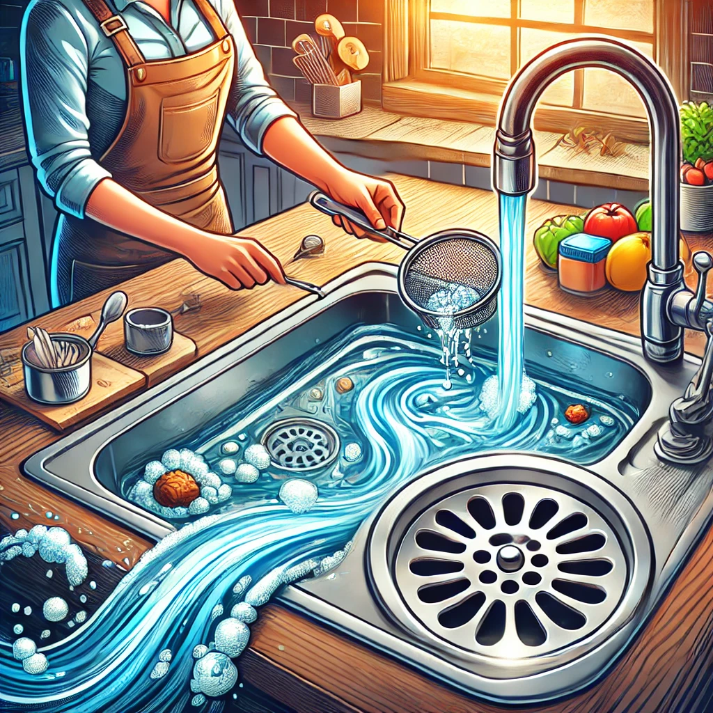 Illustration of a homeowner using a drain strainer in a kitchen sink to trap food particles and prevent clogs.