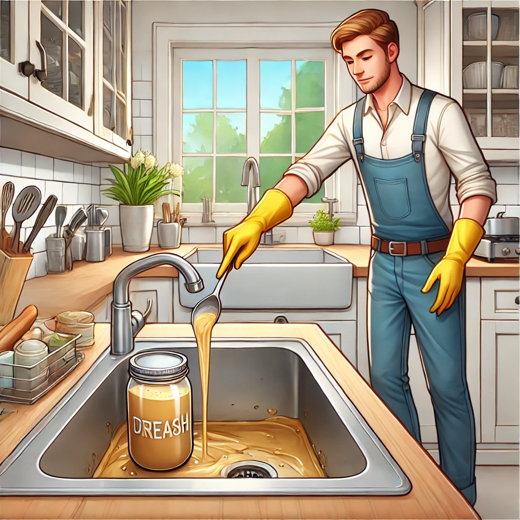 Illustration of a homeowner disposing of grease into a jar instead of pouring it into the sink to prevent clogs.