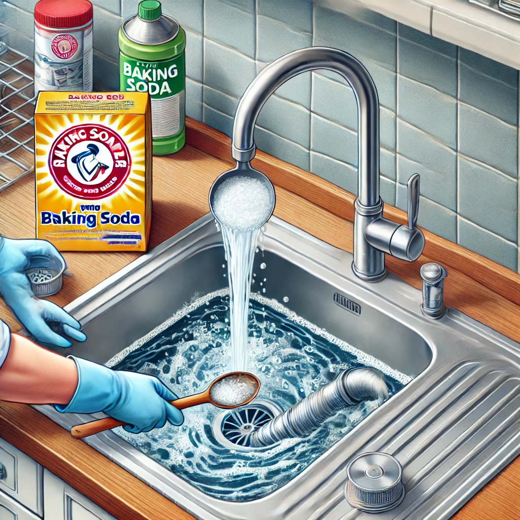 Illustration of a homeowner flushing the kitchen sink with hot water and baking soda to prevent drain clogs using eco-friendly methods.