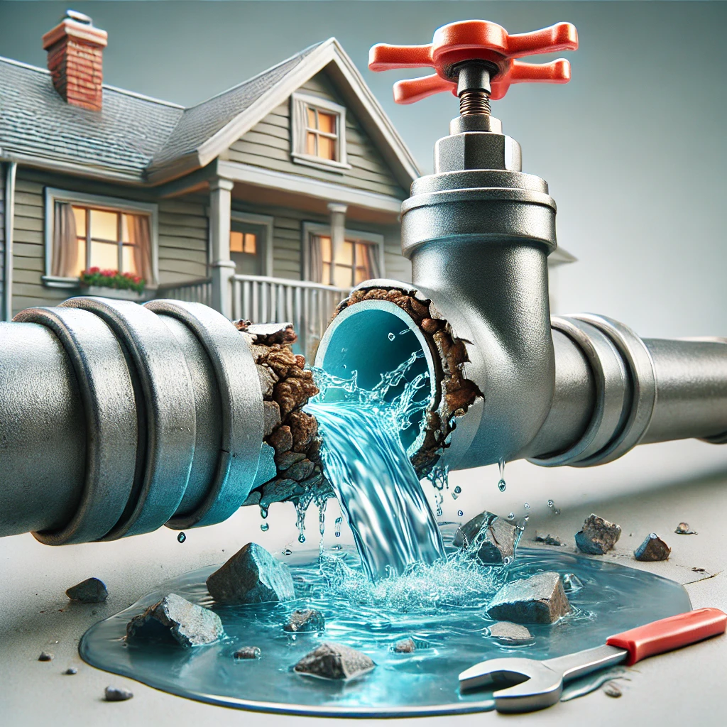 Illustration of a cracked residential water pipe with high-pressure water leaks, showing corrosion and structural damage.