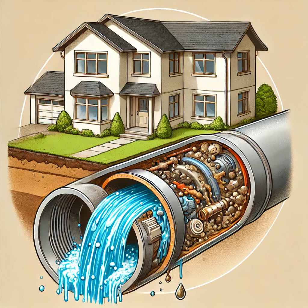 Illustration of a clogged residential pipe with grease and debris buildup blocking water flow in a cutaway view.