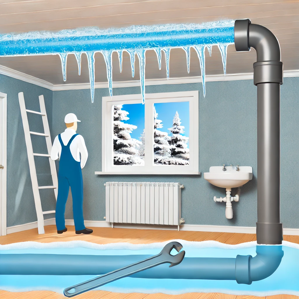 Illustration of a frozen residential pipe with frost and ice buildup causing blockage, highlighting risks from cold weather.