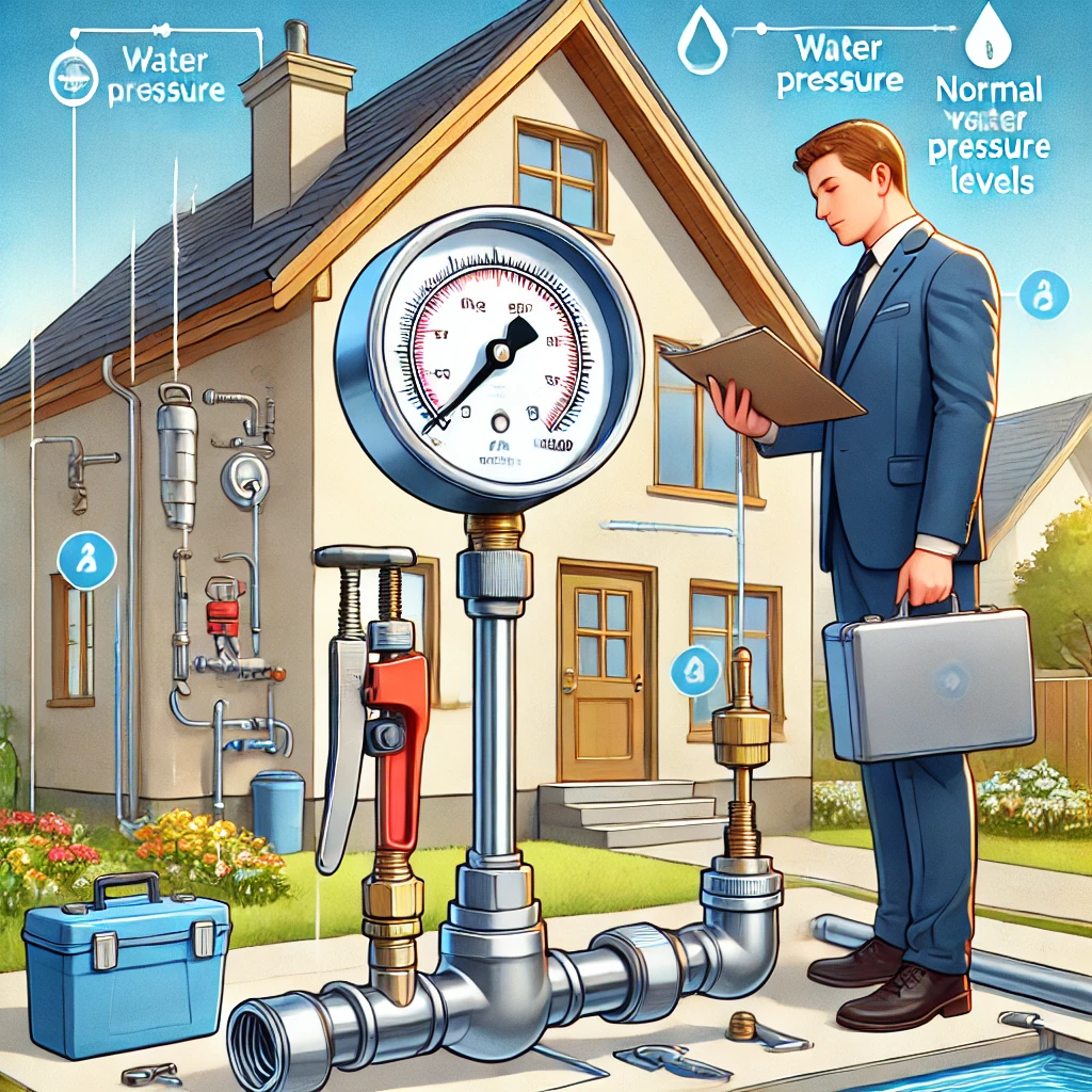 Illustration of a homeowner checking a water pressure gauge on a plumbing system to diagnose water pressure issues.