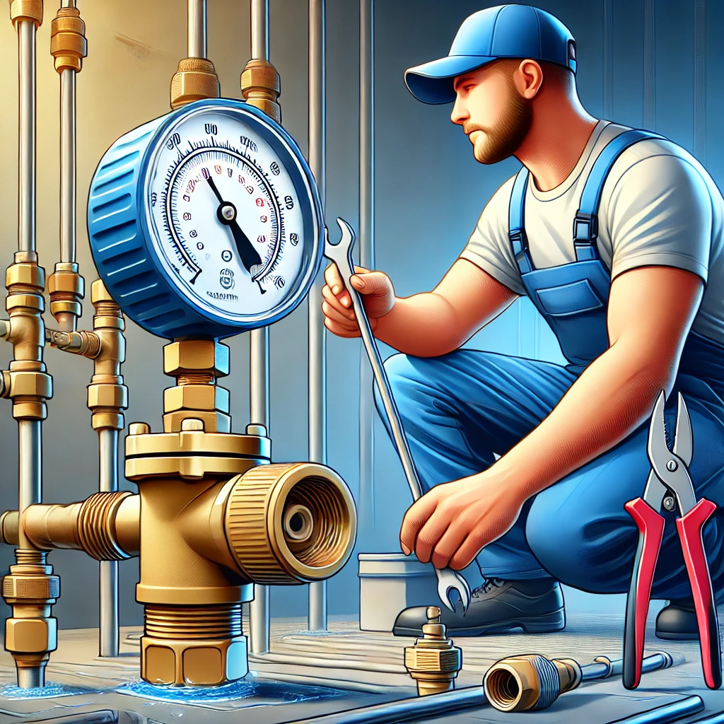 Illustration of a plumber inspecting and adjusting a water pressure regulator on a residential water line.