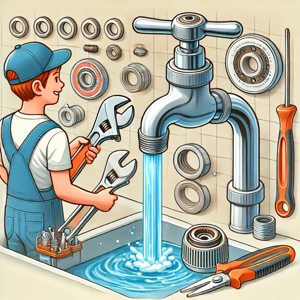 Illustration of a homeowner cleaning clogged faucet aerators with tools like a wrench to fix low water pressure.