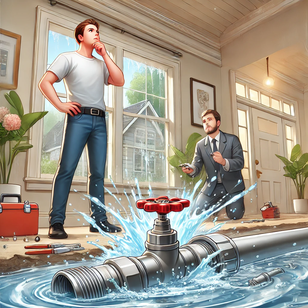 Illustration of a homeowner turning off the main water valve to stop flooding from a burst pipe.