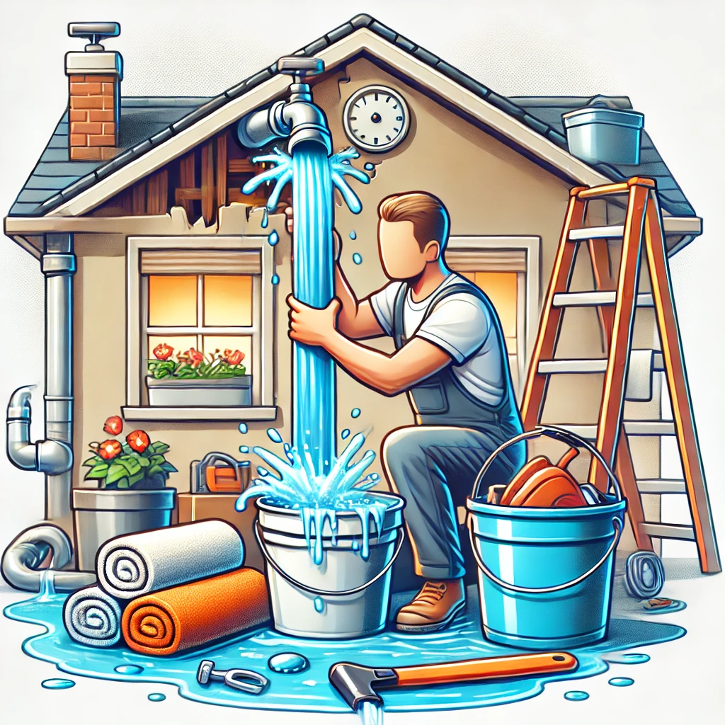 Illustration of a homeowner using towels and buckets to contain water after a pipe bursts to minimize damage.