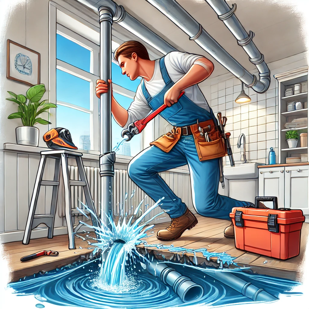 Illustration of a plumber repairing a burst pipe by replacing the damaged section with professional tools and controlled water flow.