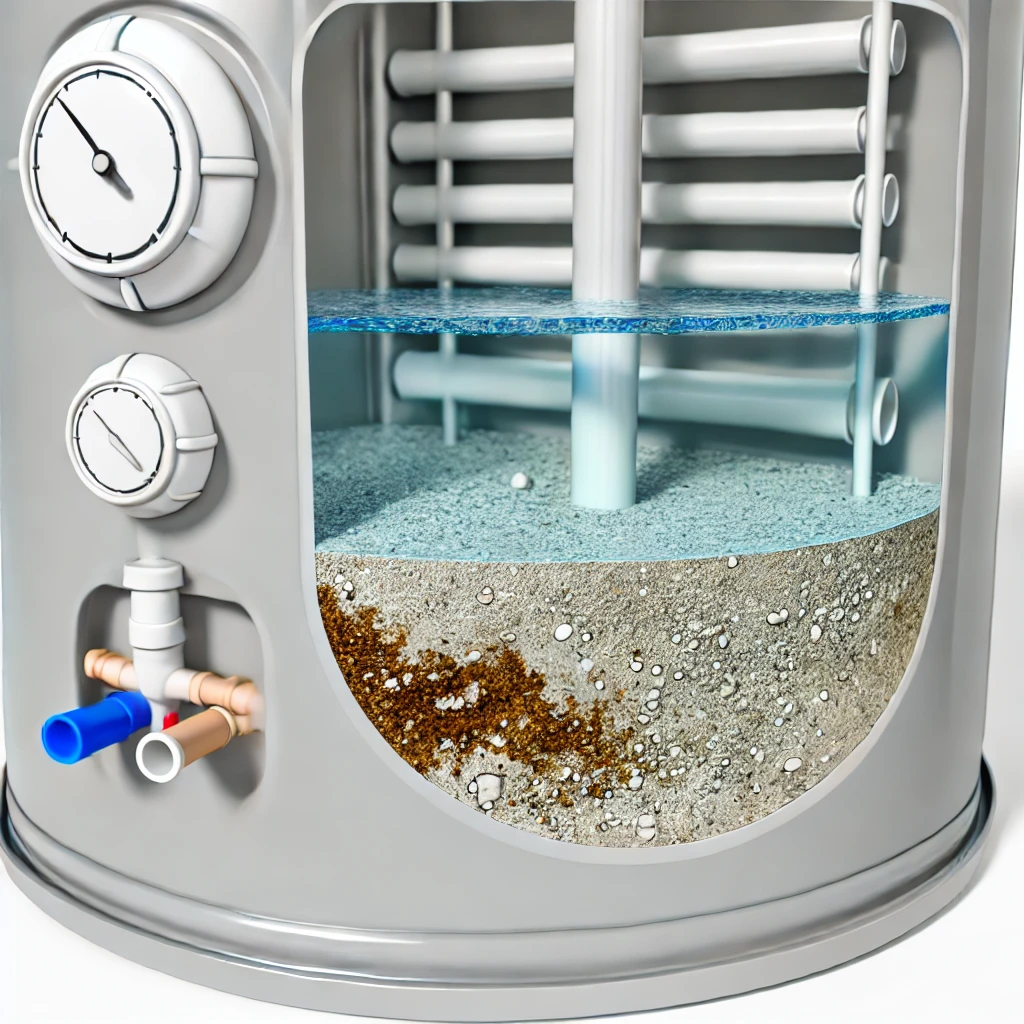 Illustration of a water heater with visible corrosion and sediment buildup, highlighting common problems like rust and mineral deposits.