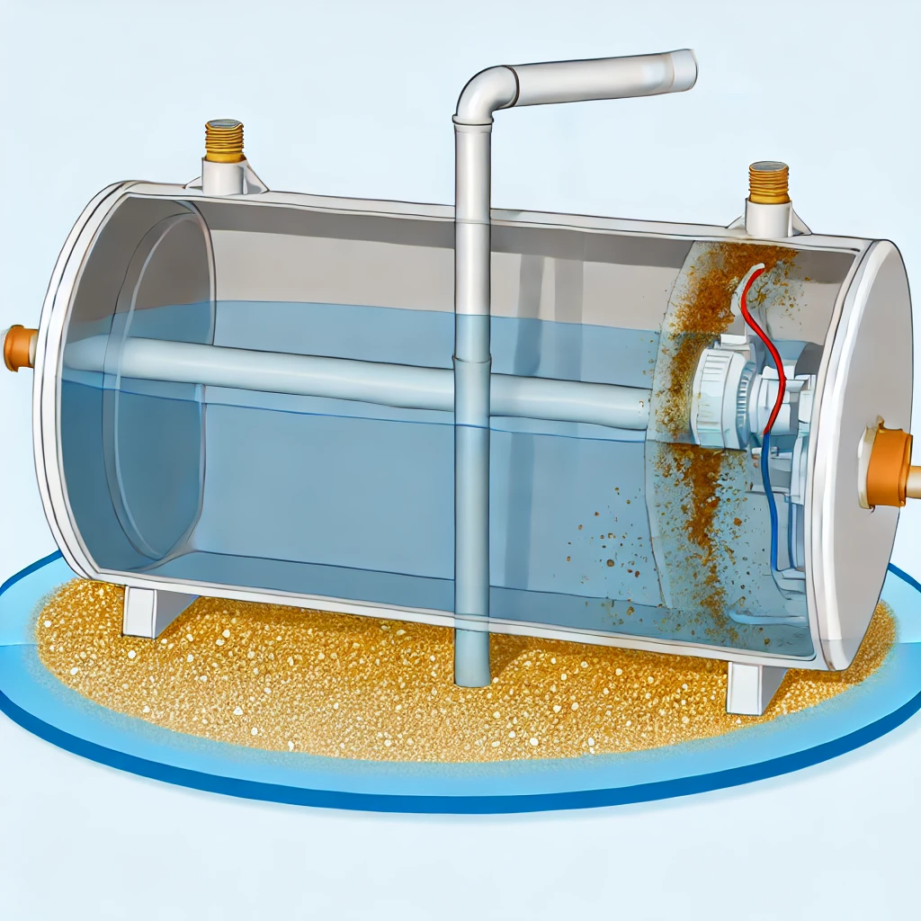 Illustration showing internal components of a water heater with sediment accumulation and corrosion, emphasizing typical sources of water heater issues.