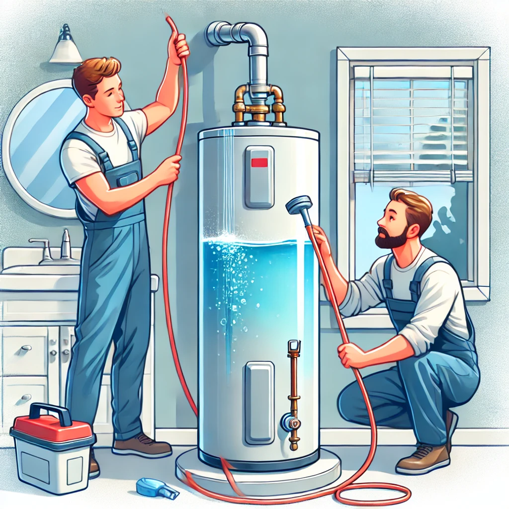 Illustration of a homeowner performing routine maintenance on a water heater, including draining sediment and inspecting the anode rod.