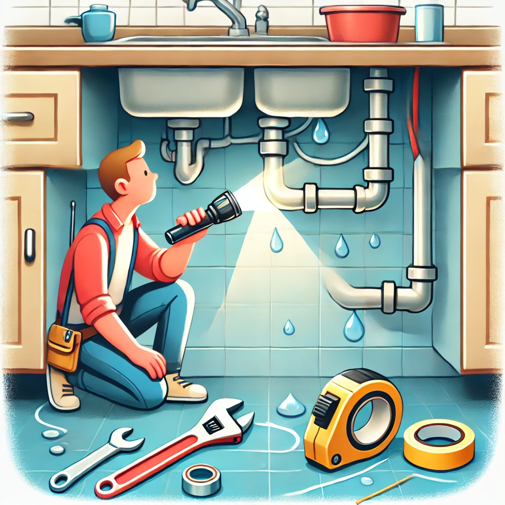 Illustration of a homeowner inspecting under a kitchen sink with a flashlight to detect and fix a water leak early.