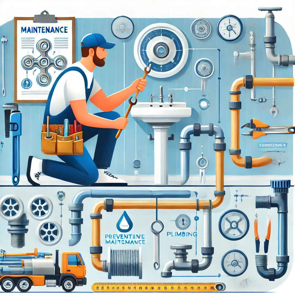 Illustration of a plumber performing routine maintenance on residential plumbing, inspecting pipes and cleaning drains to prevent common issues.