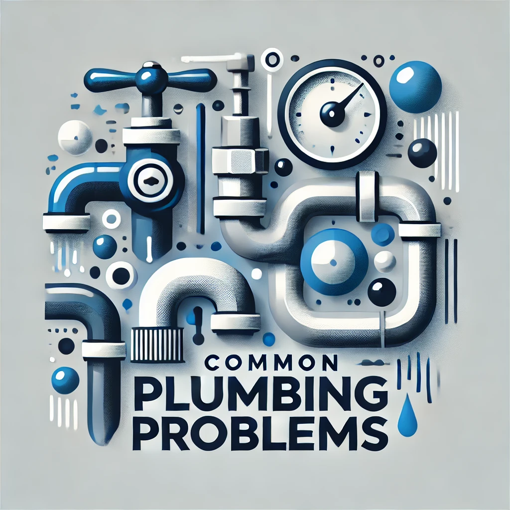 A visually striking and modern featured image for a blog post titled 'Common Plumbing Problems.' The image includes a dripping faucet, a clogged sink,