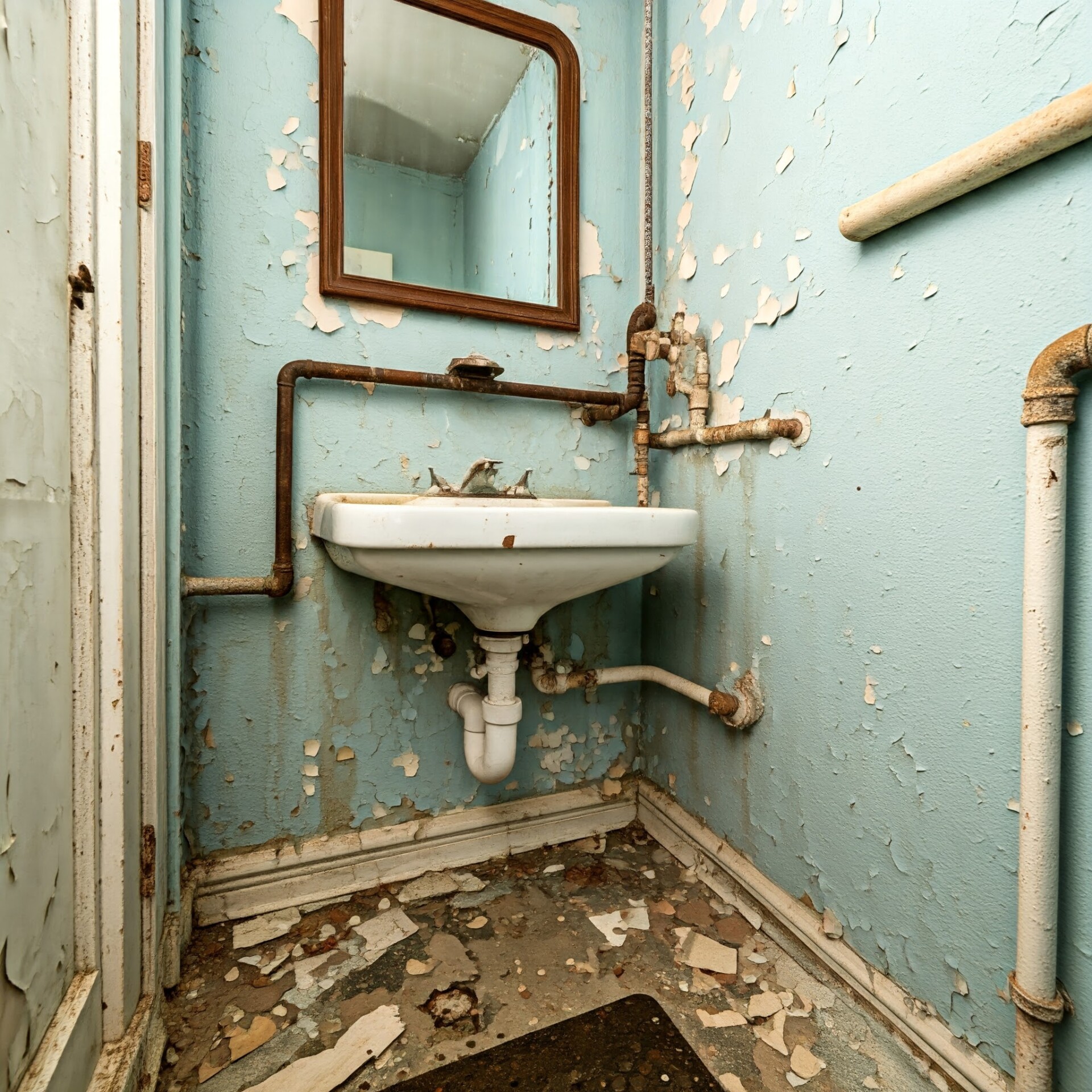 Old, deteriorating bathroom with rusted pipes, peeling paint, and a damaged sink, highlighting the need for plumbing repairs.