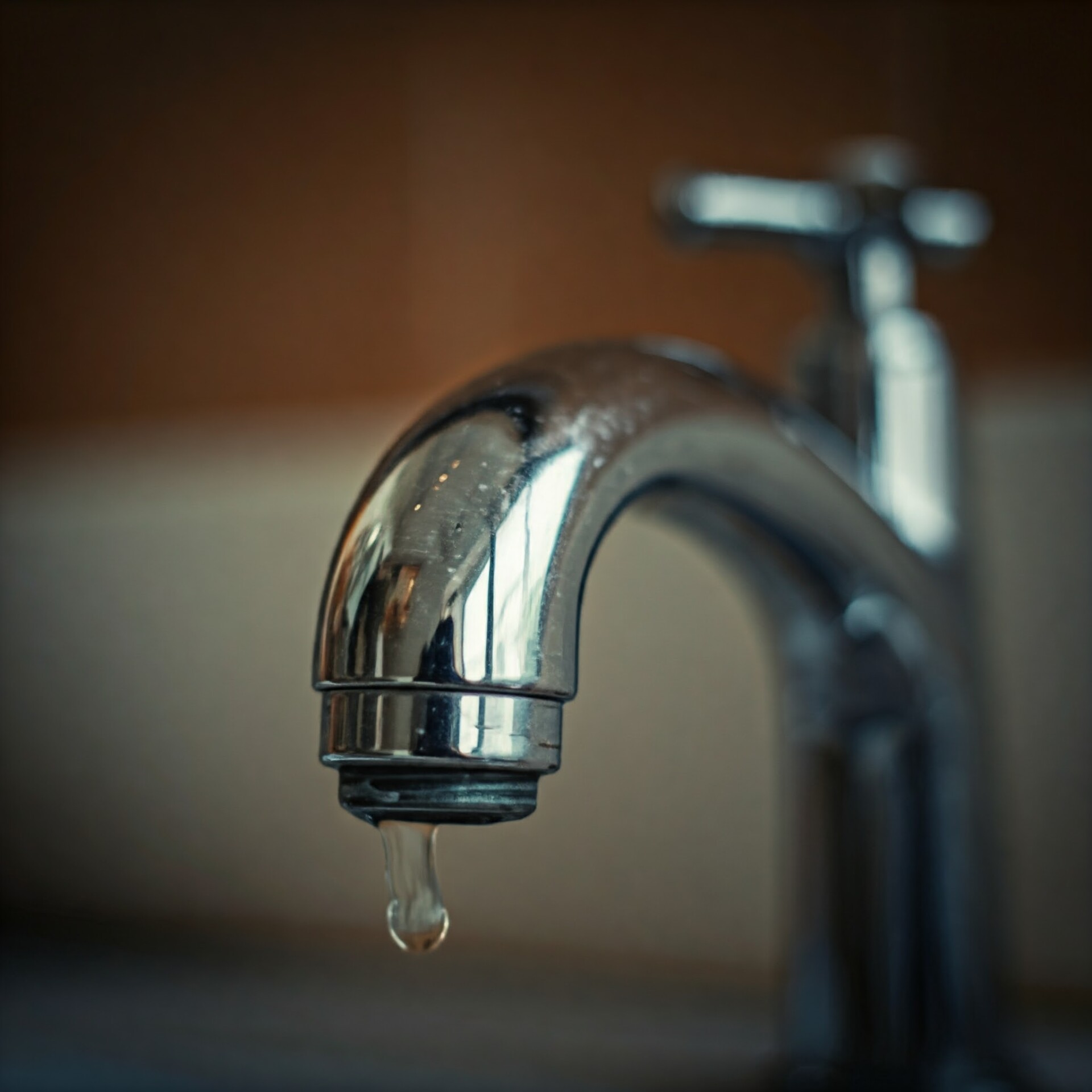 Close-up of a chrome faucet with a water droplet falling, illustrating common household faucet leak problems.